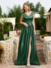 Satin Cap Sleeve Bridesmaid Dress With Pocket Dark Green