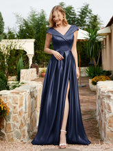 Satin Cap Sleeve Bridesmaid Dress With Pocket Dark Navy