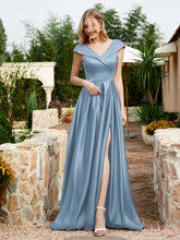 Satin Cap Sleeve Bridesmaid Dress With Pocket Dusty Blue