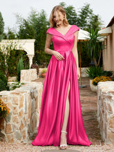 Satin Cap Sleeve Bridesmaid Dress With Pocket Fuchsia