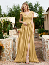 Satin Cap Sleeve Bridesmaid Dress With Pocket Gold