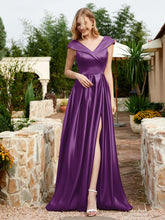 Satin Cap Sleeve Bridesmaid Dress With Pocket Grape