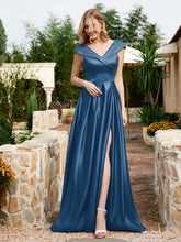 Satin Cap Sleeve Bridesmaid Dress With Pocket Ink Blue