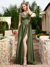 Satin Cap Sleeve Bridesmaid Dress With Pocket Olive Green