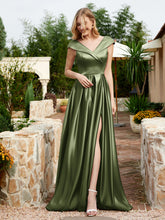 Satin Cap Sleeve Bridesmaid Dress With Pocket Olive Green