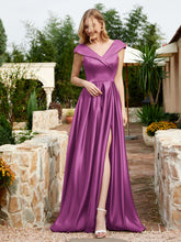 Satin Cap Sleeve Bridesmaid Dress With Pocket Orchid