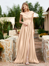 Satin Cap Sleeve Bridesmaid Dress With Pocket Peach
