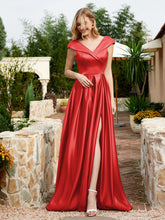 Satin Cap Sleeve Bridesmaid Dress With Pocket Red
