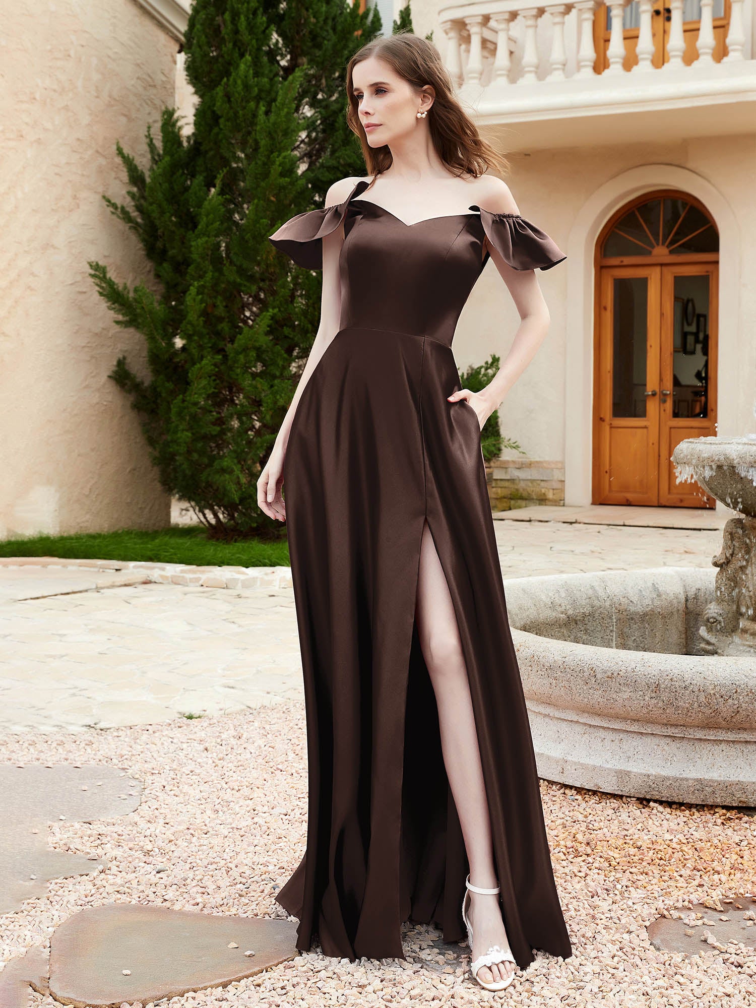 Off Shoulder Bow Bodice Acetate Satin Bridesmaid Dress With Split - Plum