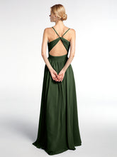 Criss Cross Open Back Chiffon Gown with Spaghetti Strap Olive Green