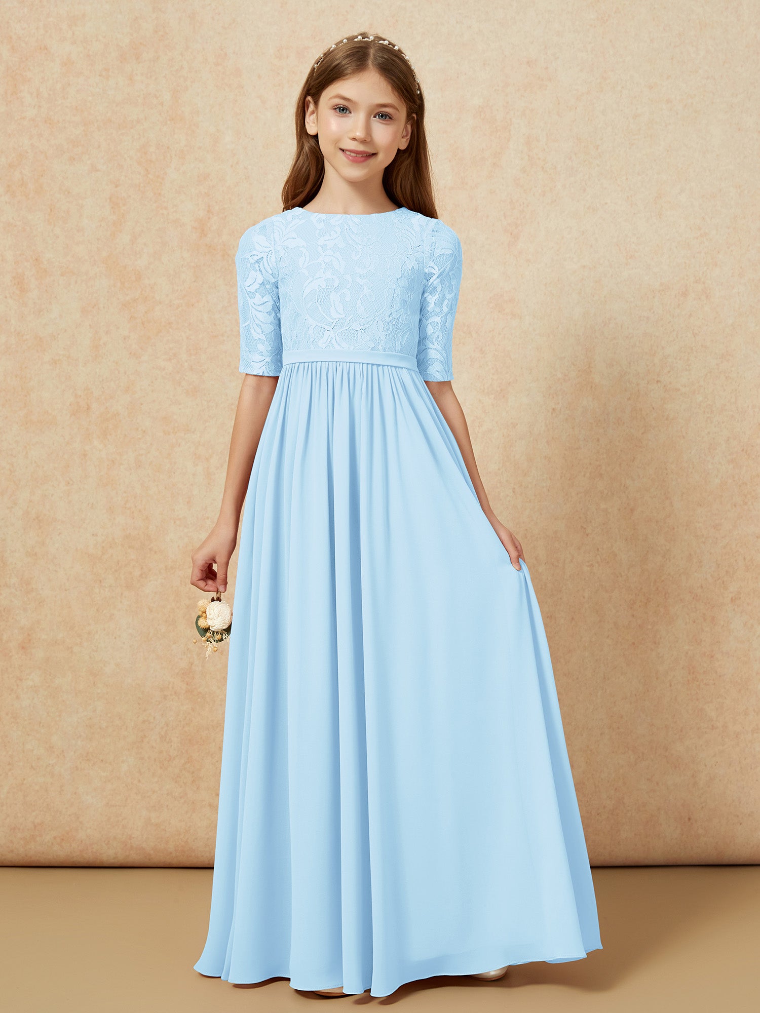 BABARONI Chiffon Sky Blue Junior Bridesmaid Dresses A-line Jewel Half