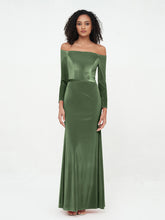 Off the Shoulder Long Sleeves Velvet Dresses Olive Green