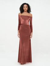 Off the Shoulder Long Sleeves Velvet Dresses Terracotta