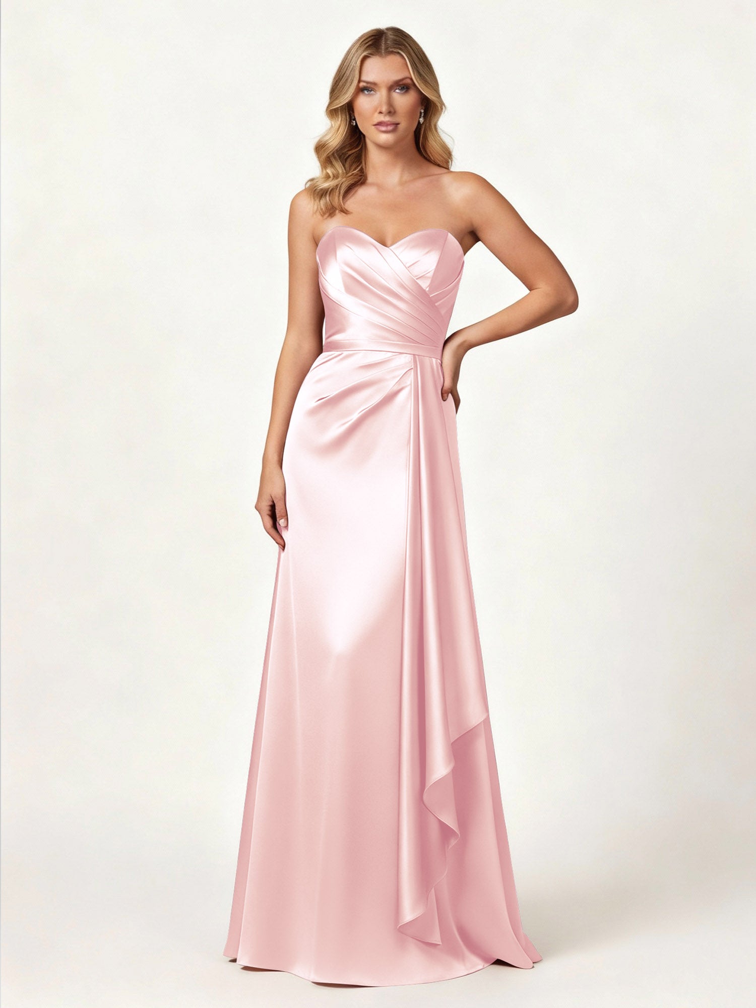 BABARONI Satin Blushing Pink Bridesmaid Dresses Sweetheart Floor-length