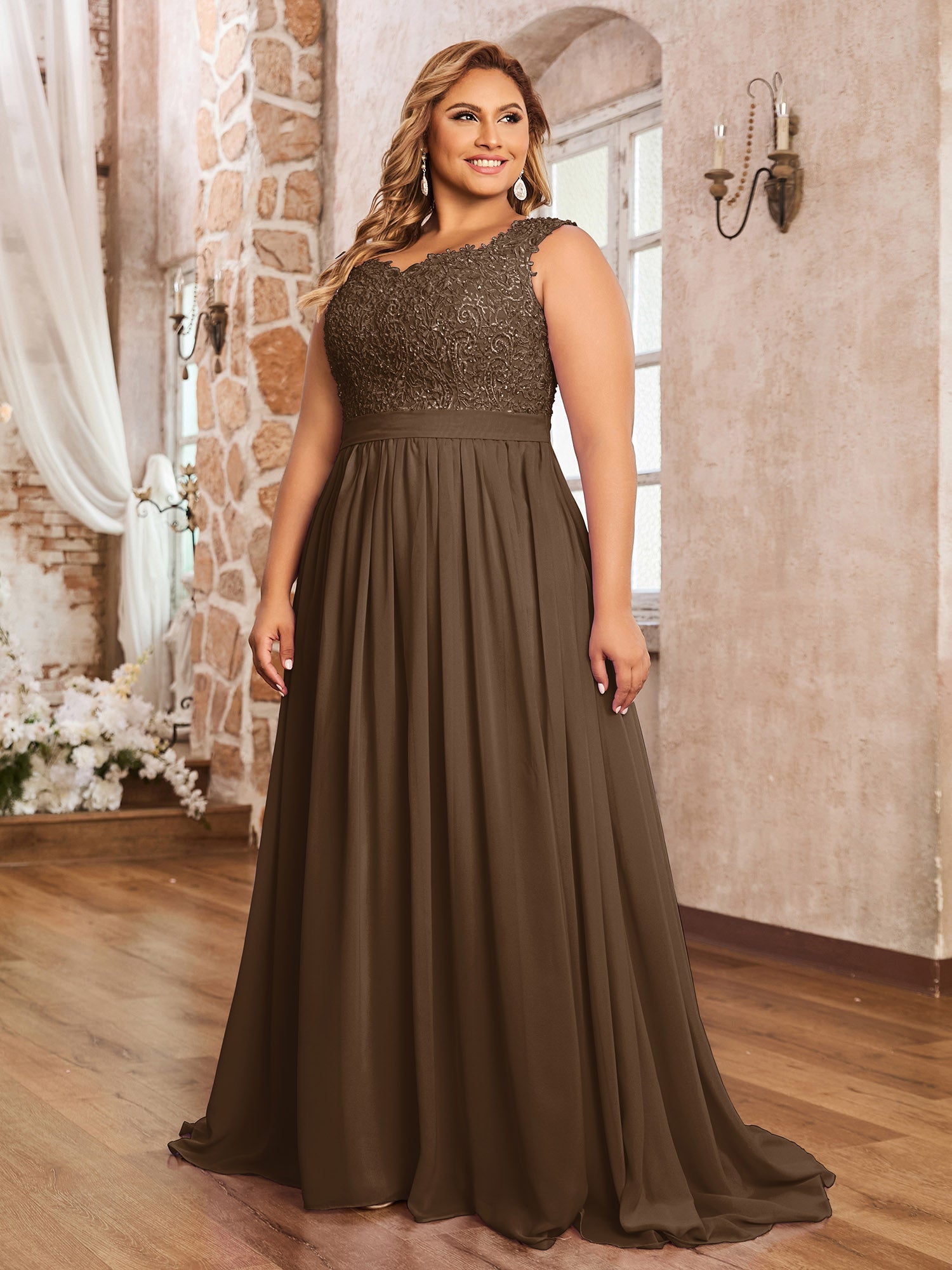 Brown Plus Size Chiffon Bridesmaid Dress Sweetheart Neck Beaded Applique