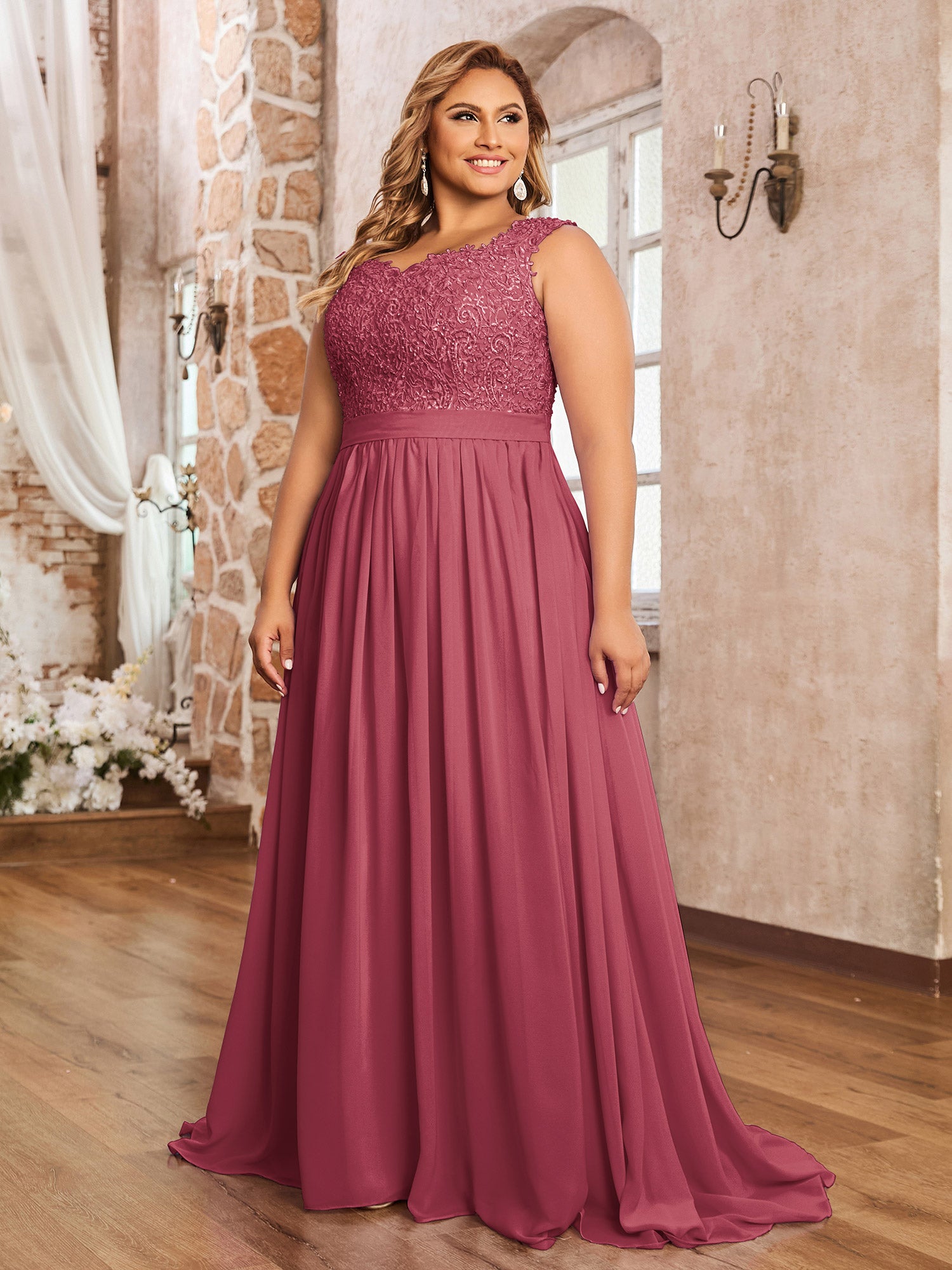 High Neck Full Length Dress with Slit Cinnamon Rose Plus Size main image 1