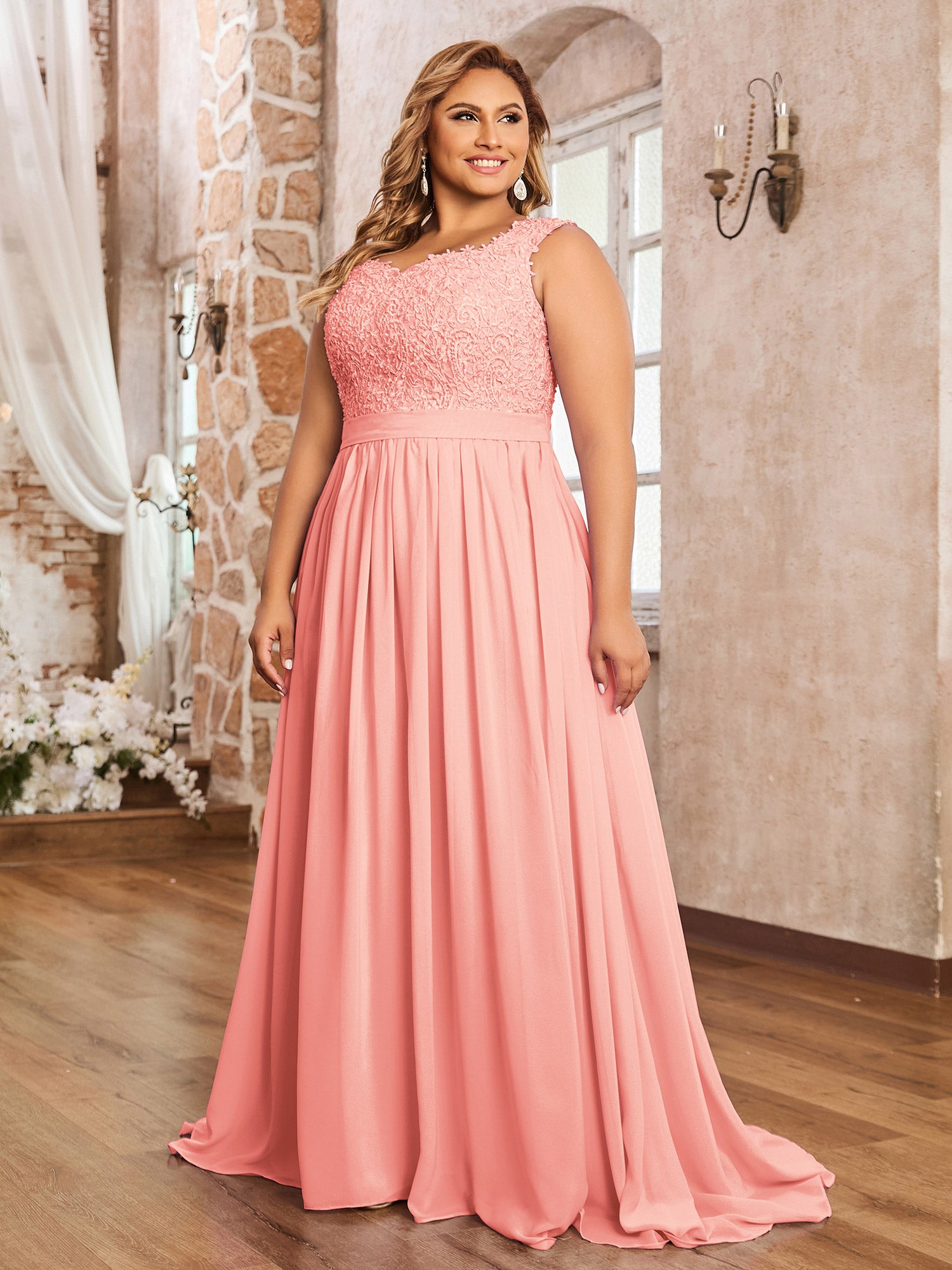 Lace and Tulle with Beaded Dresses Coral Plus Size