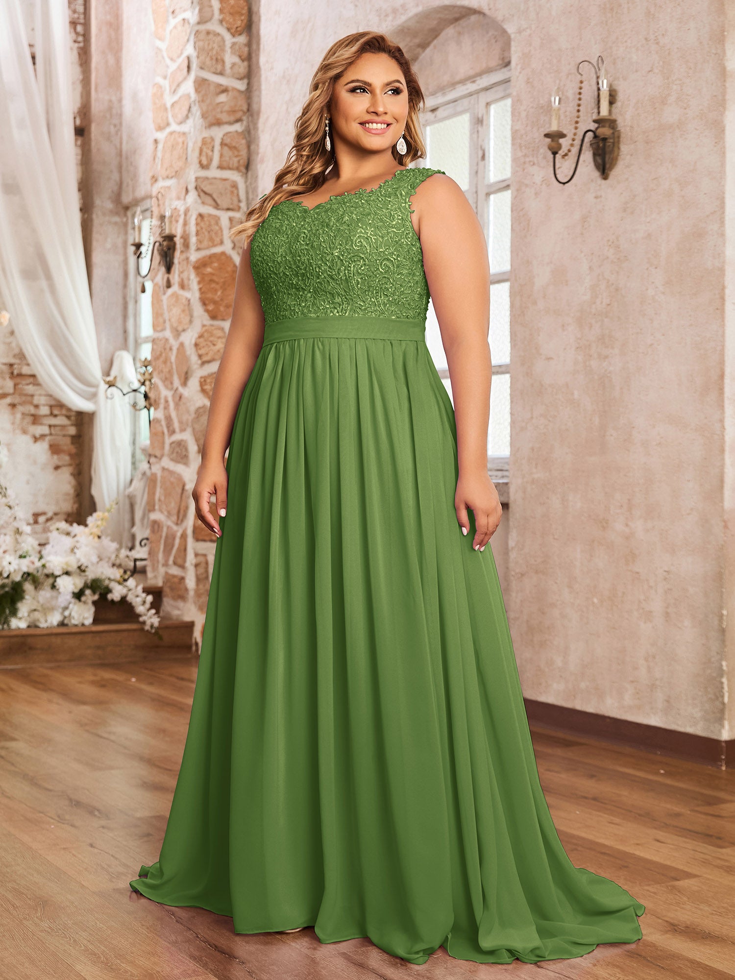 Moss Plus Size Chiffon Bridesmaid Dress Sweetheart Neck Beaded Applique | BABARONI