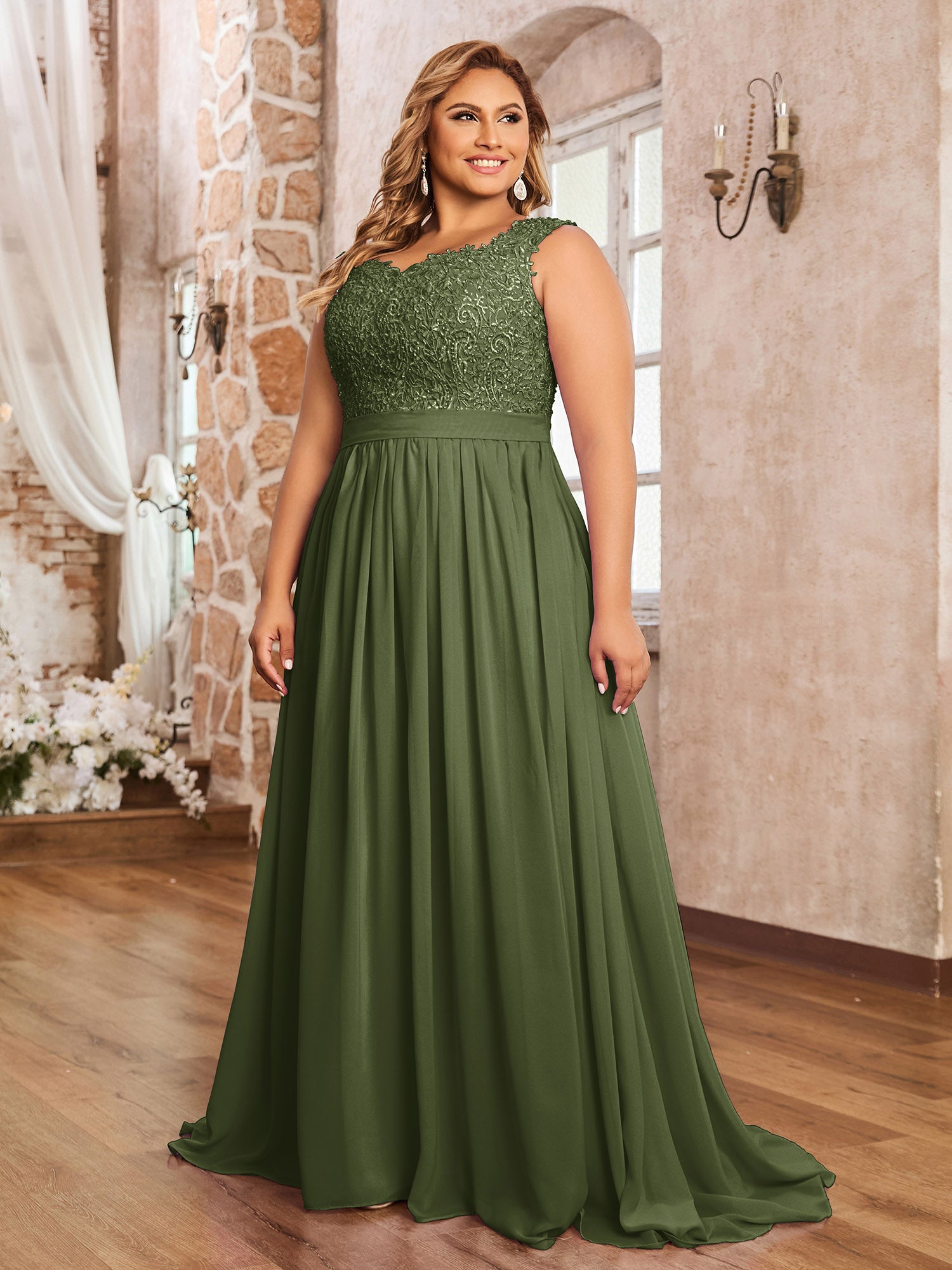 Olive Green Plus Size Chiffon Bridesmaid Dress Sweetheart Neck Beaded Applique | BABARONI Olive Green Plus Size Chiffon Bridesmaid Dress Sweetheart Neck Beaded Applique | BABARONI