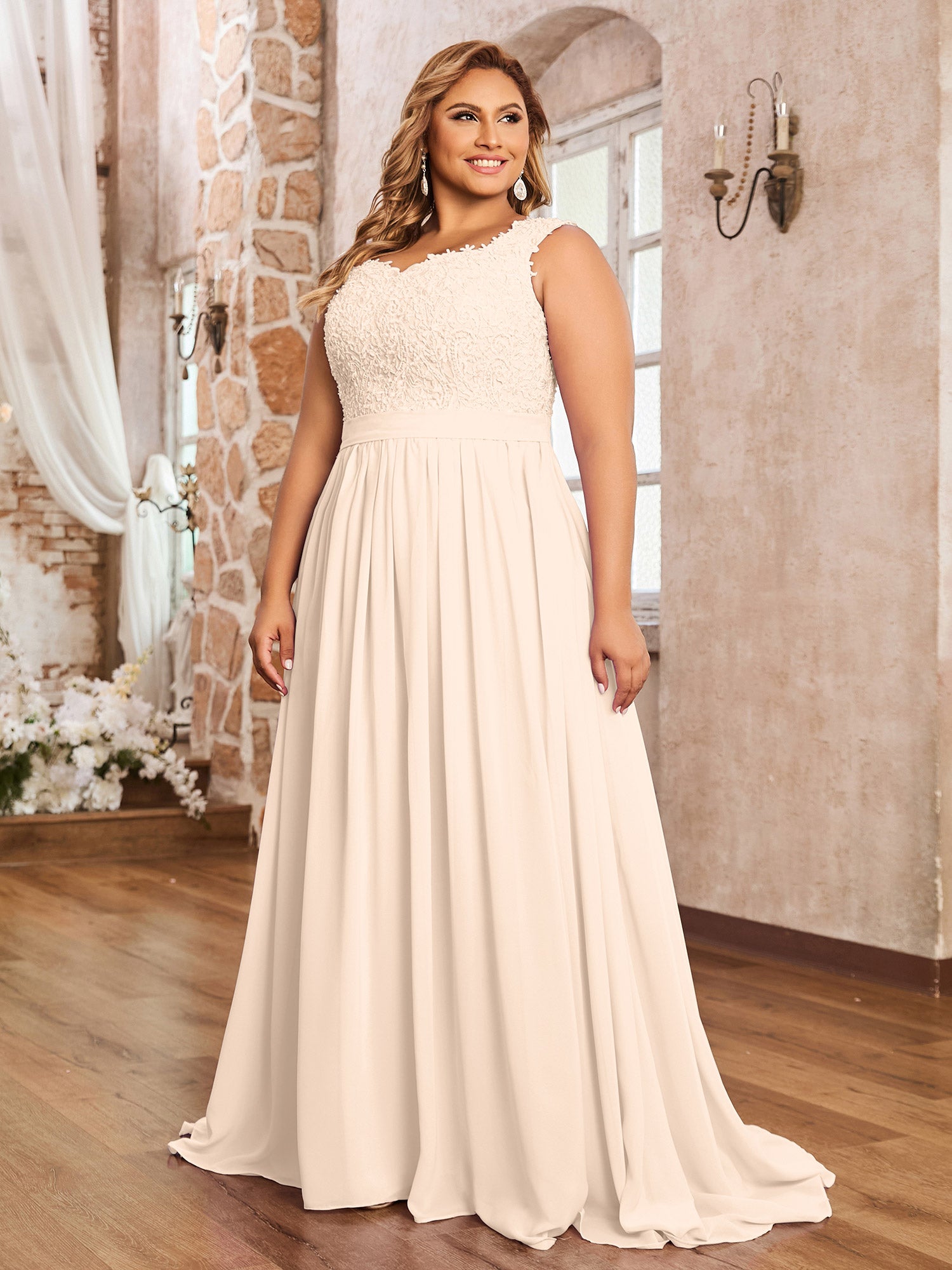 Peach Plus Size Chiffon Bridesmaid Dress Sweetheart Neck Beaded Applique | BABARONI Peach Plus Size Chiffon Bridesmaid Dress Sweetheart Neck Beaded Applique | BABARONI
