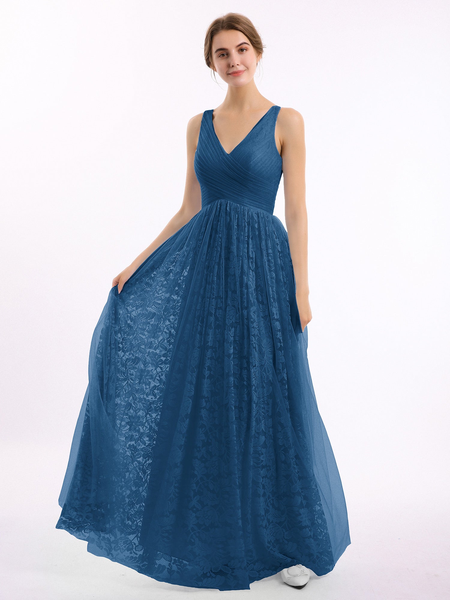 BABARONI V neck Lace Lining And Tulle Dresses Ink Blue Plus Size, Ink Blue / US18