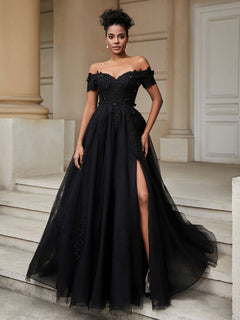 Off-the-shoulder A-line Wedding Dress With Slit Black