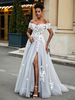 Off-the-shoulder A-line Wedding Dress With Slit Ivory/Grey