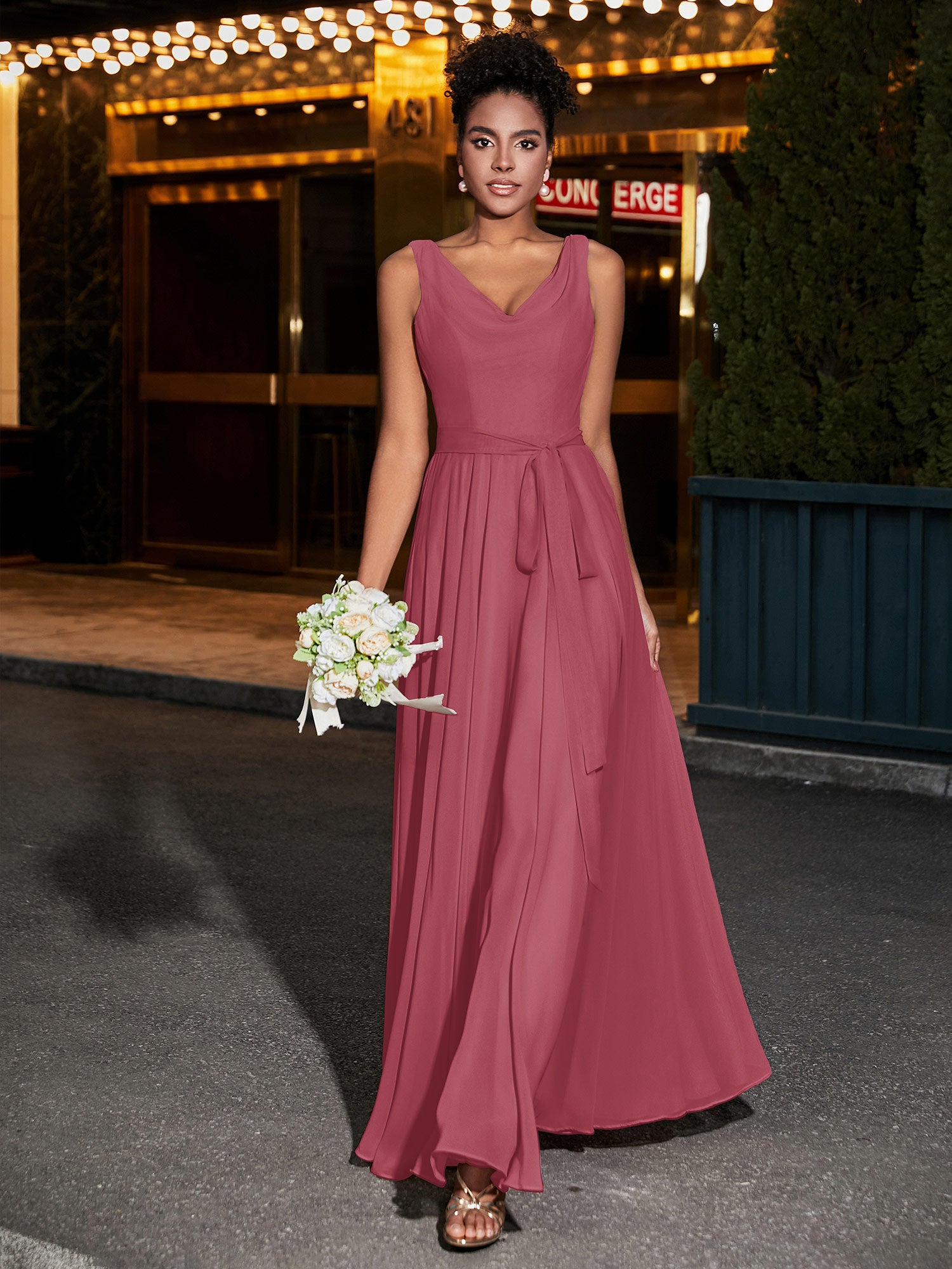 Chiffon A-Line Criss-Cross Straps V-Neck Dresses With Slit Cinnamon Rose