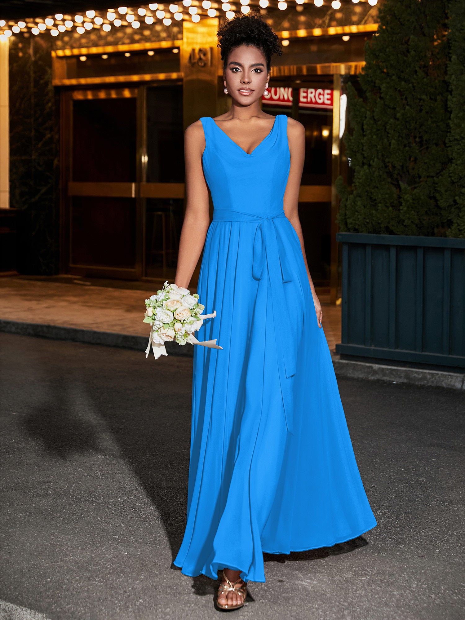 V-Neck Chiffon Dresses with Cap Sleeves Ocean Blue