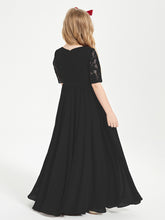 Long Junior Bridesmaid Gown Lace Top Half Sleeves Black