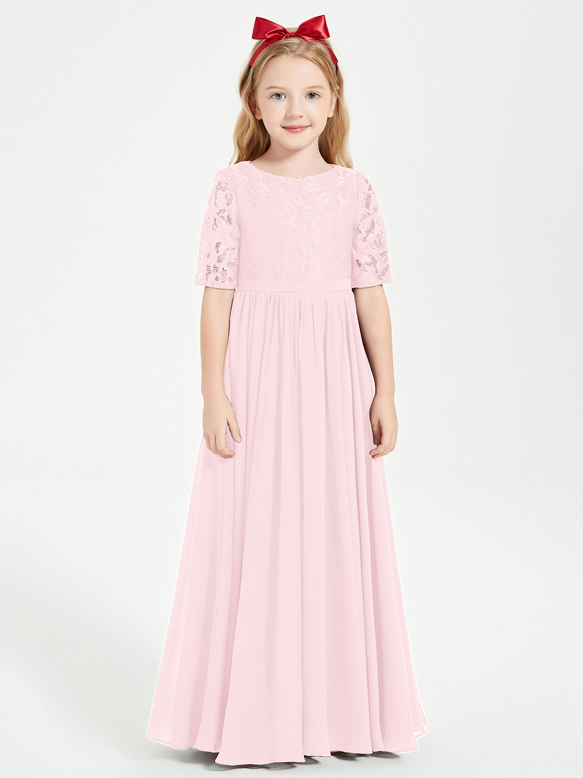 Pleated Lace Chiffon Long Junior Bridesmaid Gown Ocean Blue
