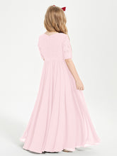 Long Junior Bridesmaid Gown Lace Top Half Sleeves Blushing Pink