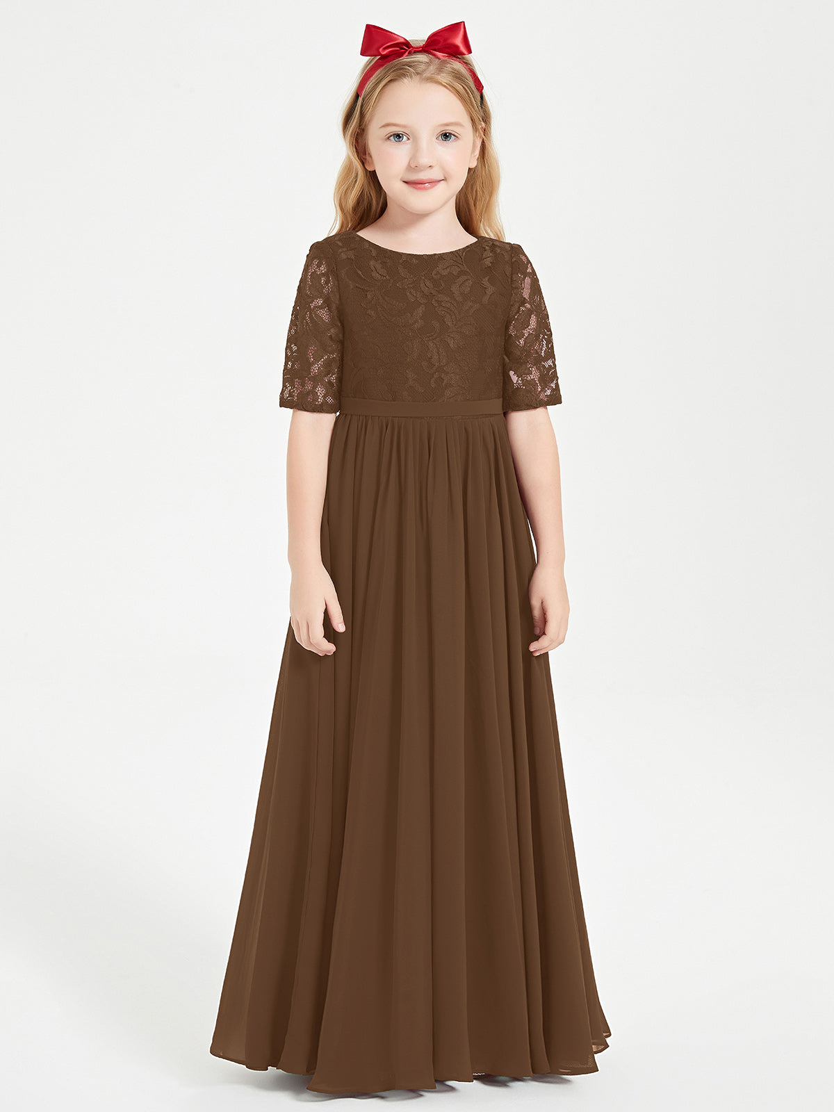 Lace Top Pleated Long Sleeveless Junior Bridesmaid Gown Plum