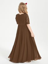 Long Junior Bridesmaid Gown Lace Top Half Sleeves Brown