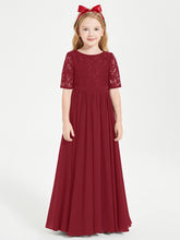 Long Junior Bridesmaid Gown Lace Top Half Sleeves Burgundy