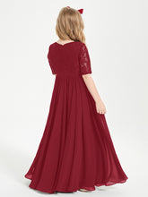 Long Junior Bridesmaid Gown Lace Top Half Sleeves Burgundy
