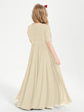 Long Junior Bridesmaid Gown Lace Top Half Sleeves Champagne