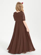 Long Junior Bridesmaid Gown Lace Top Half Sleeves Chocolate