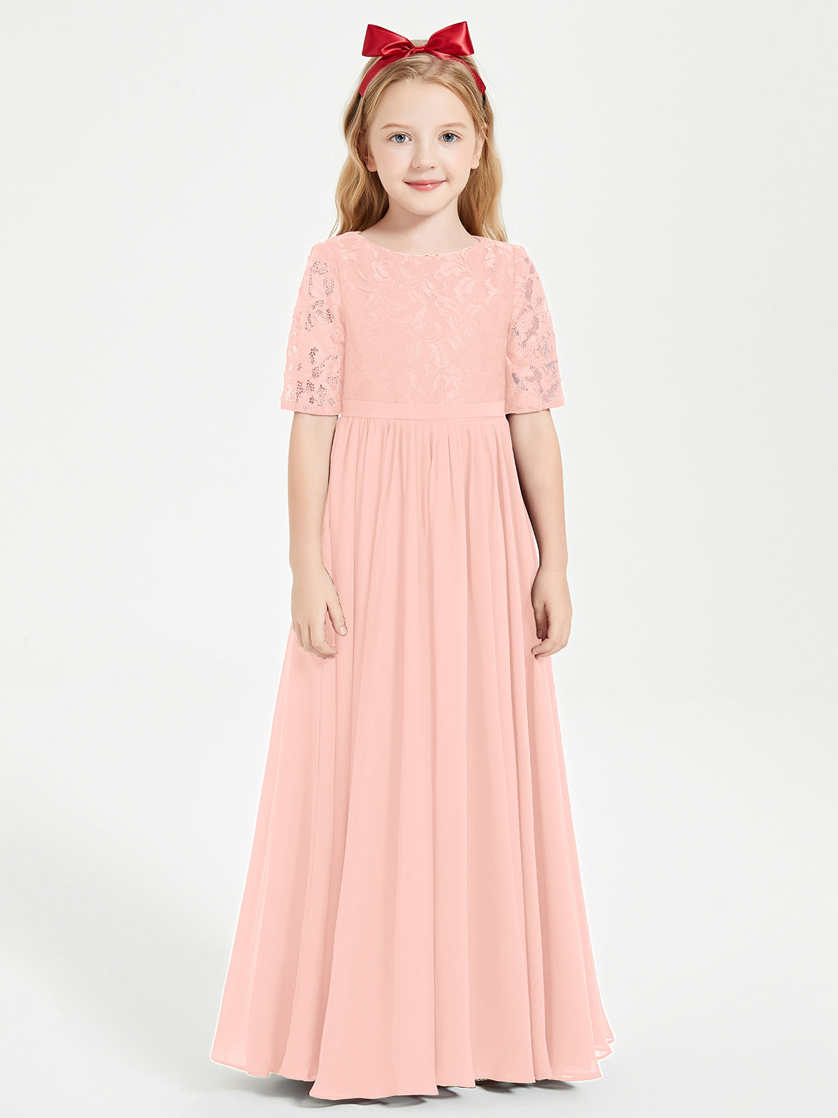 Half Sleeve Lace Bodice Chiffon Junior Bridesmaid Dresses Marigold