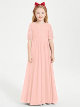 Long Junior Bridesmaid Gown Lace Top Half Sleeves Coral