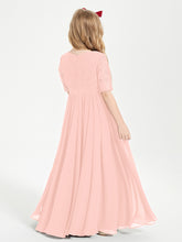 Long Junior Bridesmaid Gown Lace Top Half Sleeves Coral