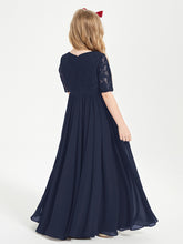 Long Junior Bridesmaid Gown Lace Top Half Sleeves Dark Navy
