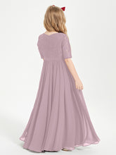Long Junior Bridesmaid Gown Lace Top Half Sleeves Dusk