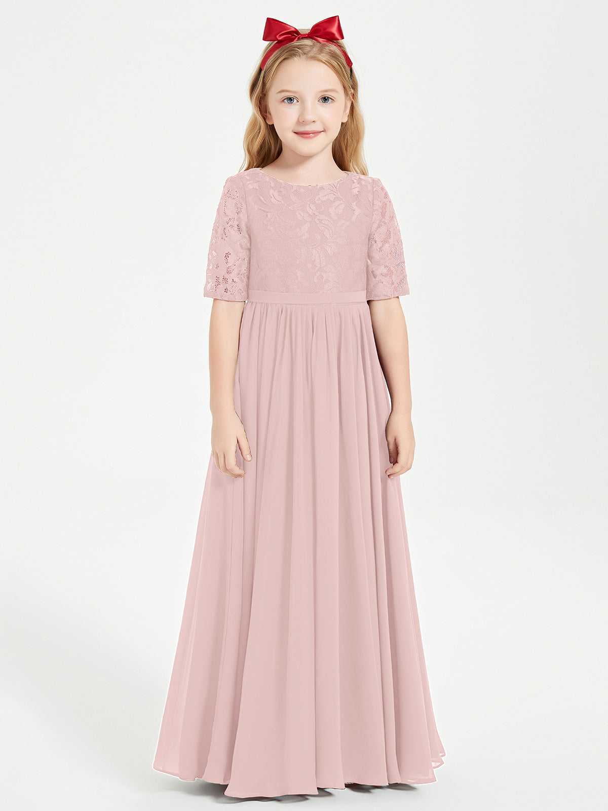 Lace Top Pleated Long Sleeveless Junior Bridesmaid Gown Turquoise