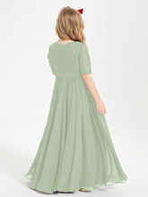 Long Junior Bridesmaid Gown Lace Top Half Sleeves Dusty Sage