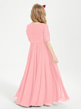 Long Junior Bridesmaid Gown Lace Top Half Sleeves Flamingo