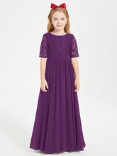 Long Junior Bridesmaid Gown Lace Top Half Sleeves Grape