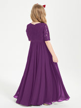 Long Junior Bridesmaid Gown Lace Top Half Sleeves Grape