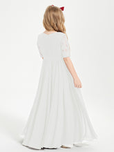 Long Junior Bridesmaid Gown Lace Top Half Sleeves Ivory