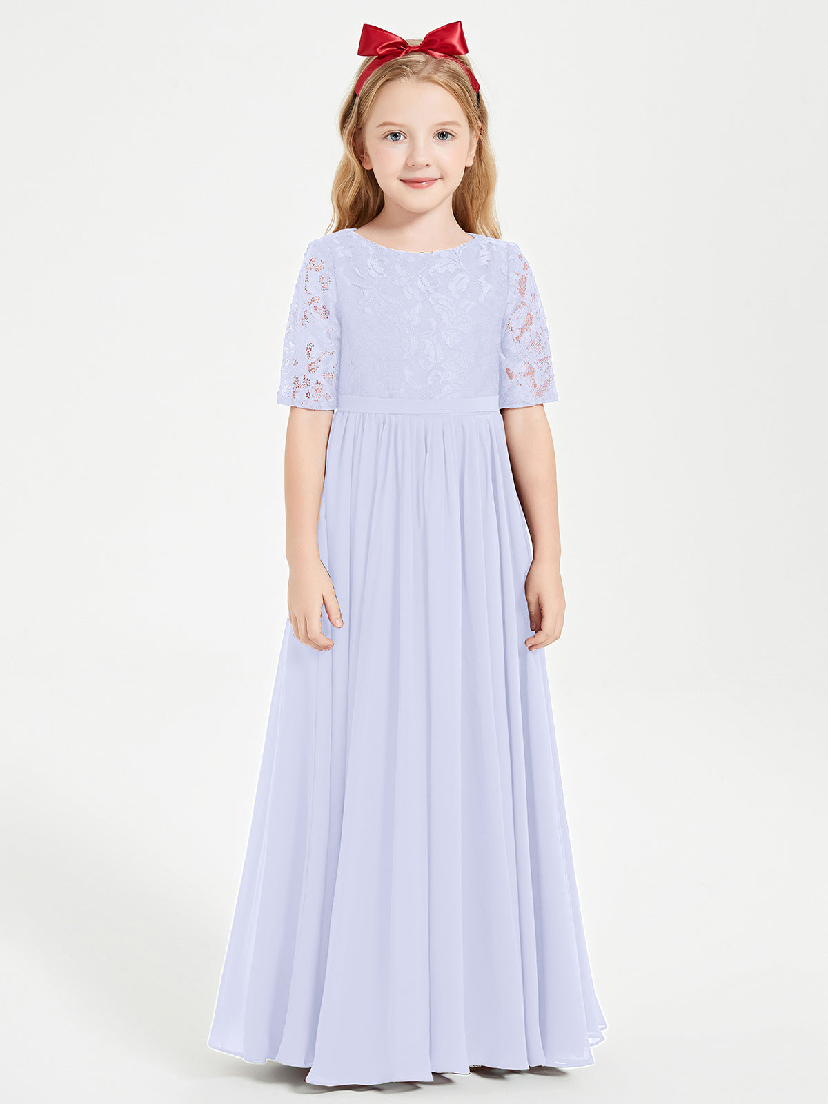 Lace Top Pleated Long Sleeveless Junior Bridesmaid Gown Pearl Pink